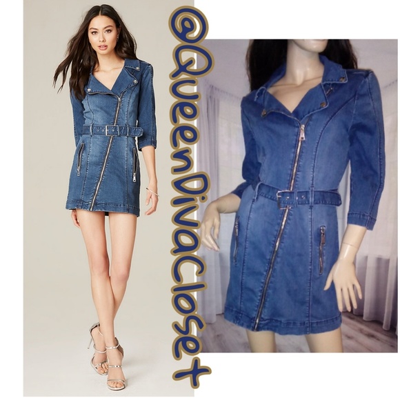 bebe | Dresses | Bebe Belted Denim Jean 34 Sleeve Moto Dress 2 | Poshmark